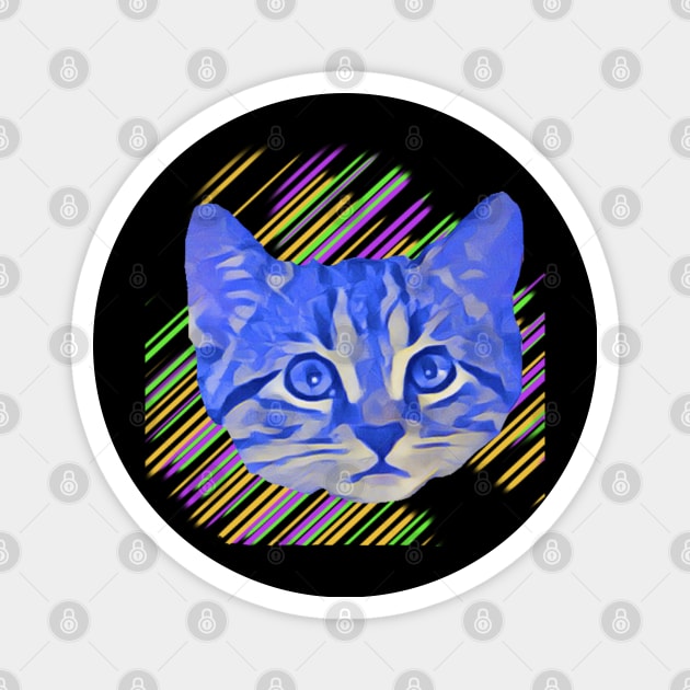 Blue Kitty Face Colorful Stripes Magnet by wildjellybeans